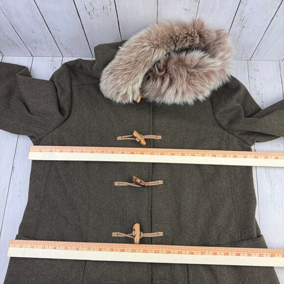 VTG J. Crew Army Green Wool Toggle Closure Duffle Coat with Fur Hood Size Large - Picture 12 of 13